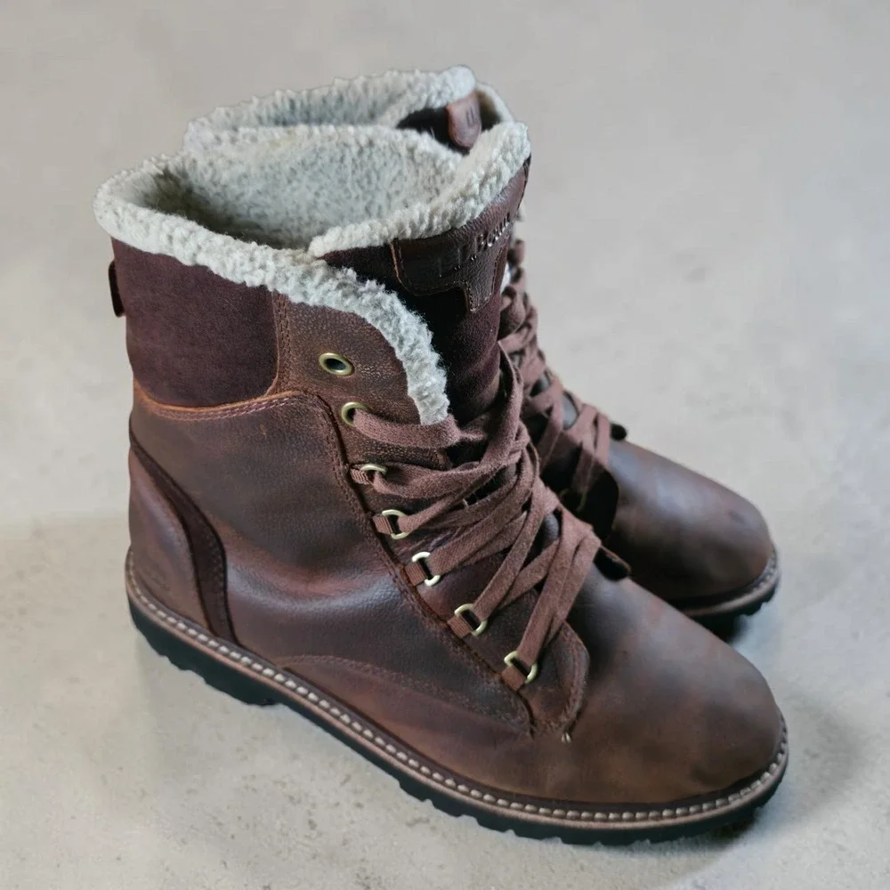 LL Bean Rugged Cozy Boots Womens 9 Brown Leather Sherpa Vibram Sole *No Insoles